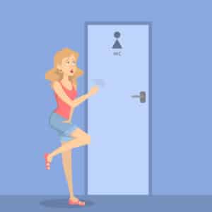 Cartoon woman knocks at a bathroom door urgently while experiencing urinary incontinence.
